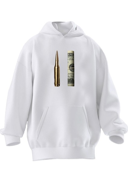 Unisex Premium Pamuk Beyaz Dolar Mermi Baskılı 3 Iplik Kapüşonlu Sweatshirt