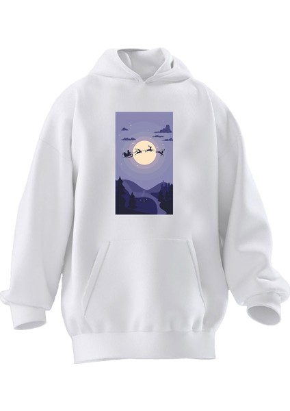 Unisex Premium Pamuk Beyaz Dolunay Geyikler Baskılı 3 Iplik Kapüşonlu Sweatshirt