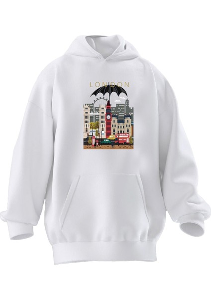Unisex Premium Pamuk Beyaz Lodon Sehir Baskılı 3 Iplik Kapüşonlu Sweatshirt