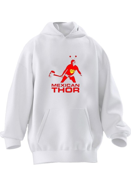 Unisex Premium Pamuk Beyaz Mexican Thor Baskılı 3 Iplik Kapüşonlu Sweatshirt