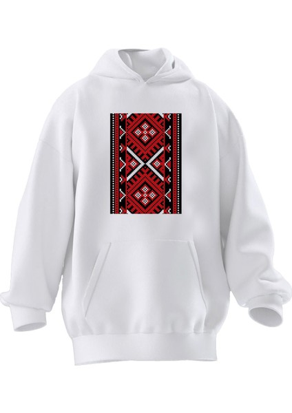 Unisex Premium Pamuk Beyaz Kilim Deseni Baskılı 3 Iplik Kapüşonlu Sweatshirt
