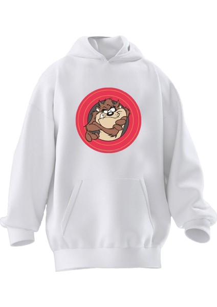 Unisex Premium Pamuk Beyaz Tazmanya Canavarı Baskılı 3 Iplik Kapüşonlu Sweatshirt