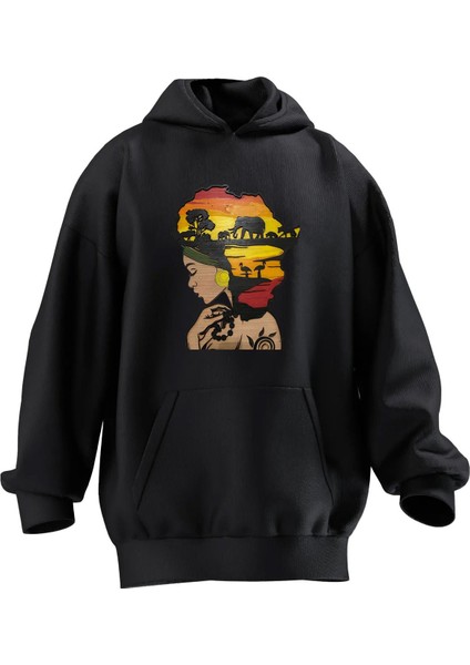 Unisex Premium Pamuk Siyah Afrika Desen Baskılı 3 Iplik Kapüşonlu Sweatshirt