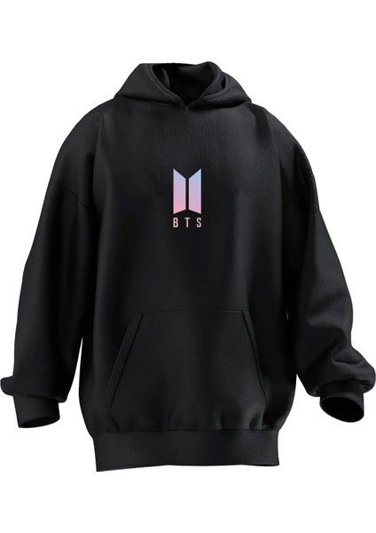 Unisex Premium Pamuk Siyah Bts Desen Baskılı 3 Iplik Kapüşonlu Sweatshirt