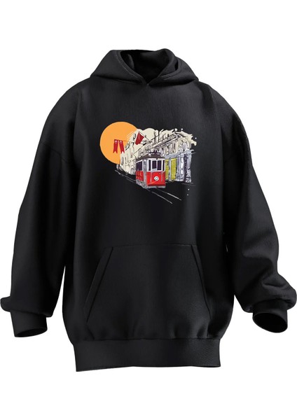 Unisex Premium Pamuk Siyah Taksim Tramvay Baskılı 3 Iplik Kapüşonlu Sweatshirt