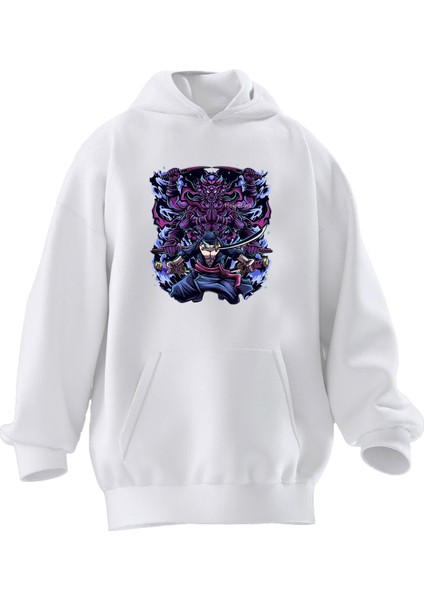 Unisex Premium Pamuk Beyaz Mor Şeytan Baskılı 3 Iplik Kapüşonlu Sweatshirt