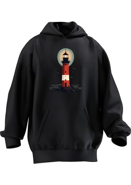 Unisex Premium Pamuk Siyah Manzara Deniz Feneri Baskılı 3 Iplik Kapüşonlu Sweatshirt
