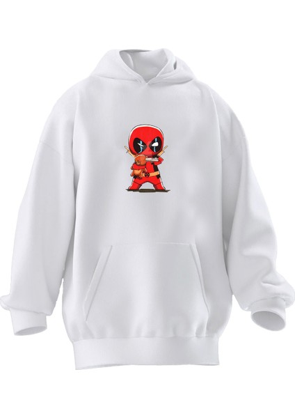 Unisex Premium Pamuk Beyaz Unicorn Deadpool Baskılı 3 Iplik Kapüşonlu Sweatshirt