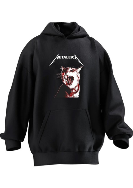 Unisex Premium Pamuk Siyah Cat Metallica Baskılı 3 Iplik Kapüşonlu Sweatshirt