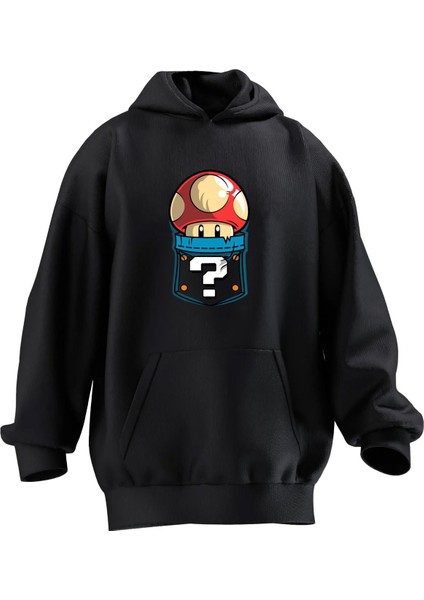 Unisex Premium Pamuk Siyah Mantar Süper Mario Baskılı 3 Iplik Kapüşonlu Sweatshirt