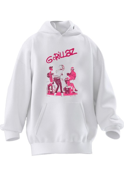Unisex Premium Pamuk Beyaz Gorillaz Baskılı 3 Iplik Kapüşonlu Sweatshirt