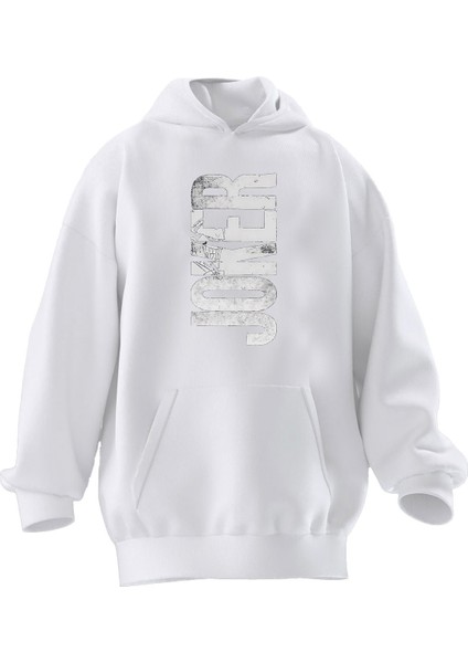 Unisex Premium Pamuk Beyaz Joker Yazı Baskılı 3 Iplik Kapüşonlu Sweatshirt