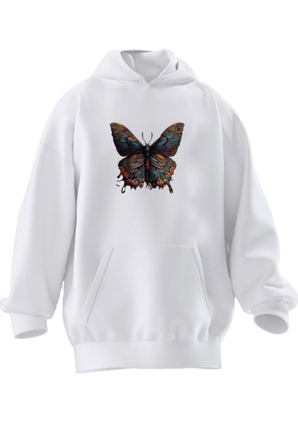 Unisex Premium Pamuk Beyaz Kelebek Renkli Baskılı 3 Iplik Kapüşonlu Sweatshirt