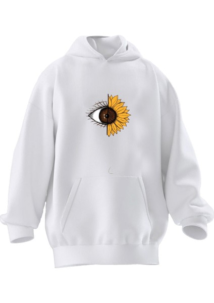 Unisex Premium Pamuk Beyaz Papatya Göz Baskılı 3 Iplik Kapüşonlu Sweatshirt