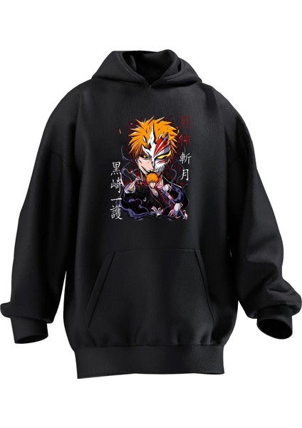Unisex Premium Pamuk Siyah Japon Joker Baskılı 3 Iplik Kapüşonlu Sweatshirt