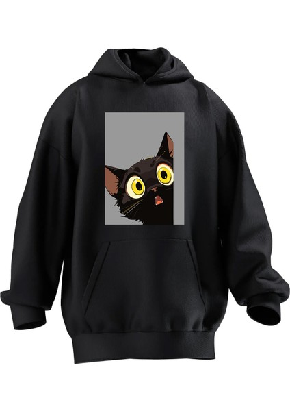 Unisex Premium Pamuk Siyah Sarı Gözlü Kedi Baskılı 3 Iplik Kapüşonlu Sweatshirt