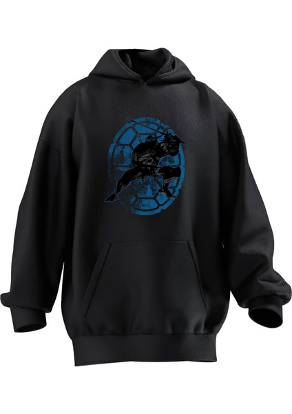 Unisex Premium Pamuk Siyah Kaplumbağa Kalkan Baskılı 3 Iplik Kapüşonlu Sweatshirt