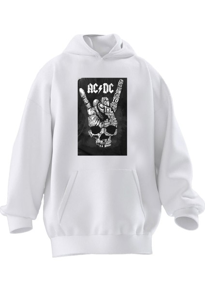 Unisex Premium Pamuk Beyaz Acdc Kurukafa Baskılı 3 Iplik Kapüşonlu Sweatshirt