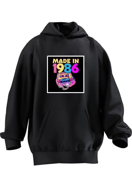 Unisex Premium Pamuk Siyah Made In 1986 Baskılı 3 Iplik Kapüşonlu Sweatshirt