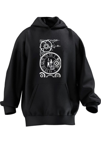Unisex Premium Pamuk Siyah Zaman Saat Çift Baskılı 3 Iplik Kapüşonlu Sweatshirt