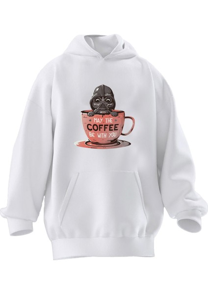 Unisex Premium Pamuk Beyaz Coffee Starwars Baskılı 3 Iplik Kapüşonlu Sweatshirt