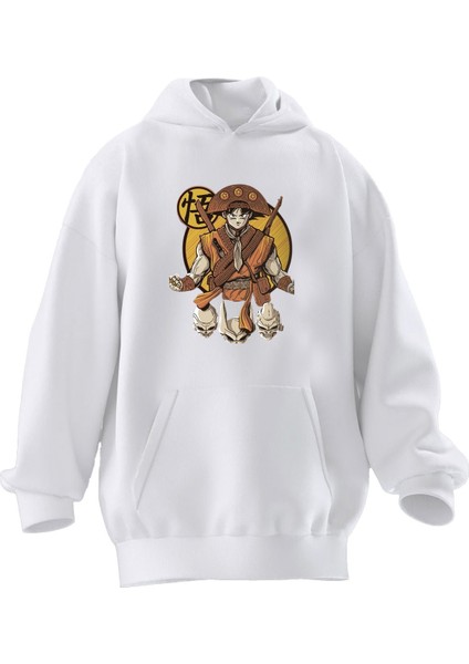 Unisex Premium Pamuk Beyaz Sarı Kovboy Anime Baskılı 3 Iplik Kapüşonlu Sweatshirt