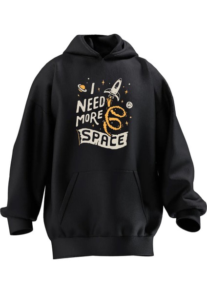 Unisex Premium Pamuk Siyah I Need Space Baskılı 3 Iplik Kapüşonlu Sweatshirt