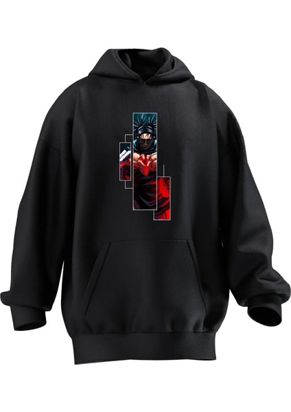 Unisex Premium Pamuk Siyah 3lü Ayna Baskılı 3 Iplik Kapüşonlu Sweatshirt