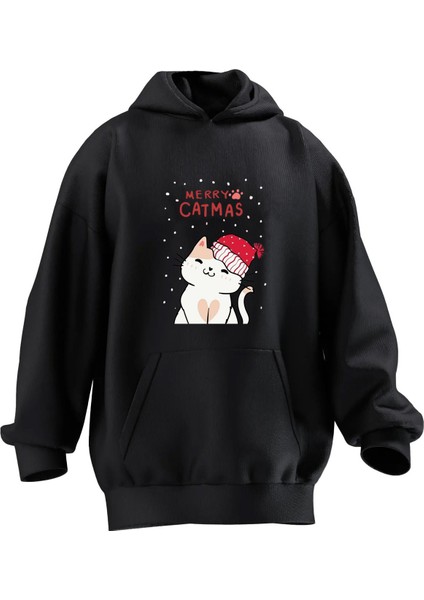 Unisex Premium Pamuk Siyah Meryy Catmas Baskılı 3 Iplik Kapüşonlu Sweatshirt
