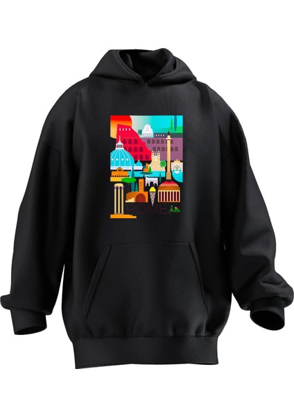 Unisex Premium Pamuk Siyah Mycoolnes Şehir Poster Baskılı 3 Iplik Kapüşonlu Sweatshirt