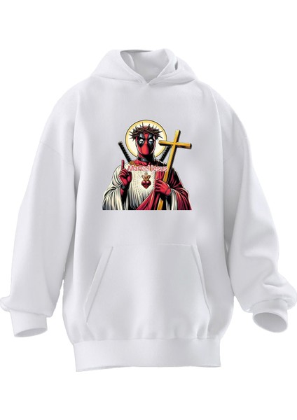 Unisex Premium Pamuk Beyaz Haçlı Deadpool Baskılı 3 Iplik Kapüşonlu Sweatshirt