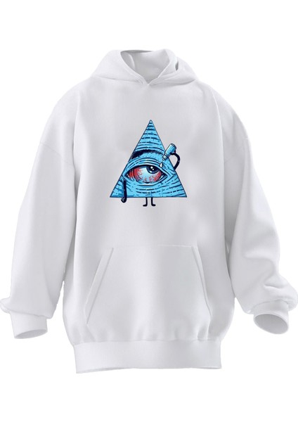 Unisex Premium Pamuk Beyaz Illiminuati Piramit Baskılı 3 Iplik Kapüşonlu Sweatshirt