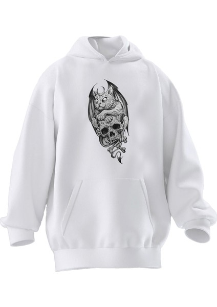 Unisex Premium Pamuk Beyaz Kurukafa Kedi Baskılı 3 Iplik Kapüşonlu Sweatshirt