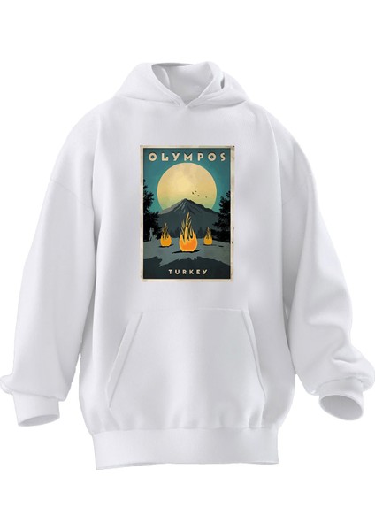 Unisex Premium Pamuk Beyaz Olympos Turkey Baskılı 3 Iplik Kapüşonlu Sweatshirt