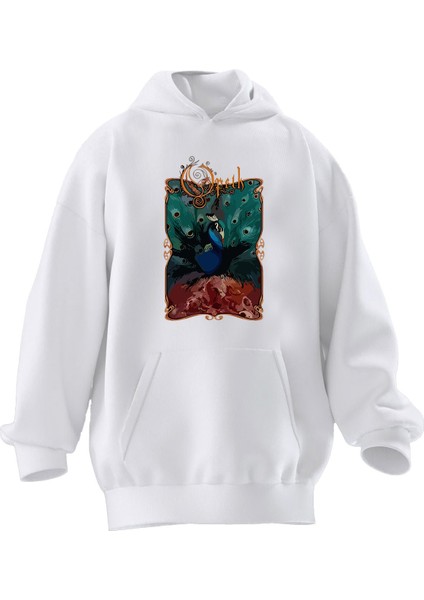 Unisex Premium Pamuk Beyaz Opeth Tavus Kuşu Poster Baskılı 3 Iplik Kapüşonlu Sweatshirt