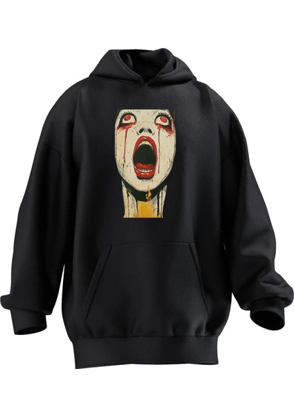 Unisex Premium Pamuk Siyah Zombie Kız Baskılı 3 Iplik Kapüşonlu Sweatshirt