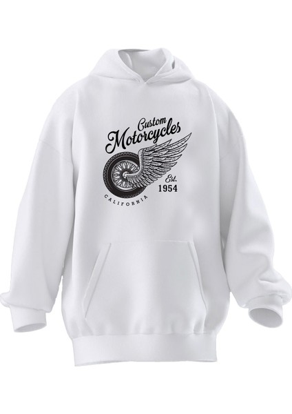 Unisex Premium Pamuk Beyaz Custom Motor Baskılı 3 Iplik Kapüşonlu Sweatshirt