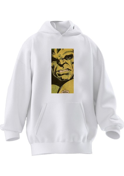 Unisex Premium Pamuk Beyaz Hulk Monster Baskılı 3 Iplik Kapüşonlu Sweatshirt