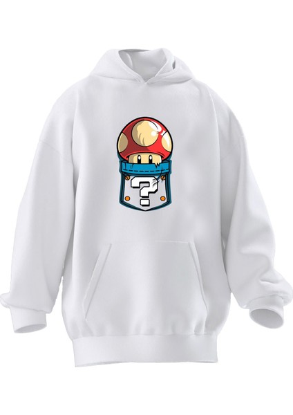 Unisex Premium Pamuk Beyaz Mantar Süper Mario Baskılı 3 Iplik Kapüşonlu Sweatshirt