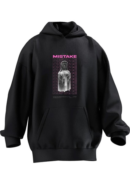 Unisex Premium Pamuk Siyah Mistake Pink Baskılı 3 Iplik Kapüşonlu Sweatshirt