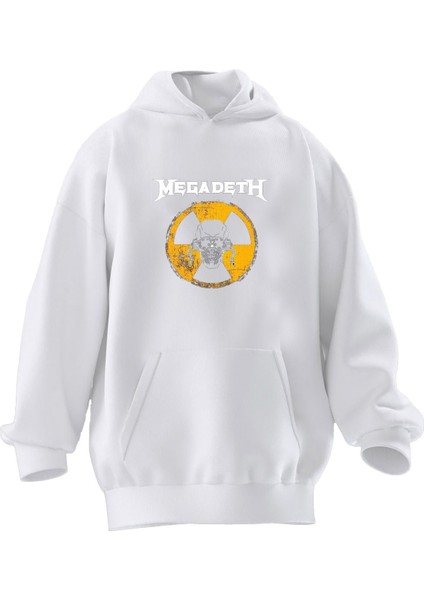 Unisex Premium Pamuk Beyaz Danger Megadeth Baskılı 3 Iplik Kapüşonlu Sweatshirt