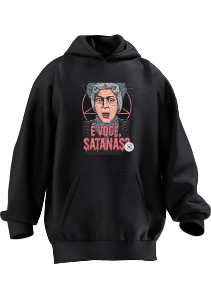 Unisex Premium Pamuk Siyah Evoce Satana Baskılı 3 Iplik Kapüşonlu Sweatshirt