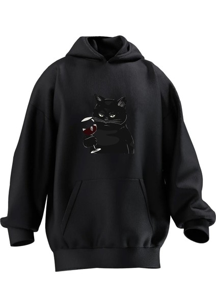Unisex Premium Pamuk Siyah Kara Kedi Şarap Baskılı 3 Iplik Kapüşonlu Sweatshirt