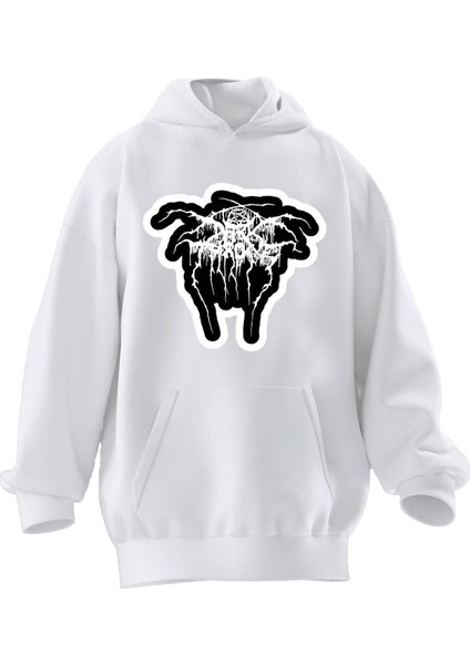 Unisex Premium Pamuk Beyaz Şok Desen Baskılı 3 Iplik Kapüşonlu Sweatshirt