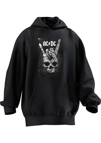 Unisex Premium Pamuk Siyah Acdc Kurukafa Baskılı 3 Iplik Kapüşonlu Sweatshirt