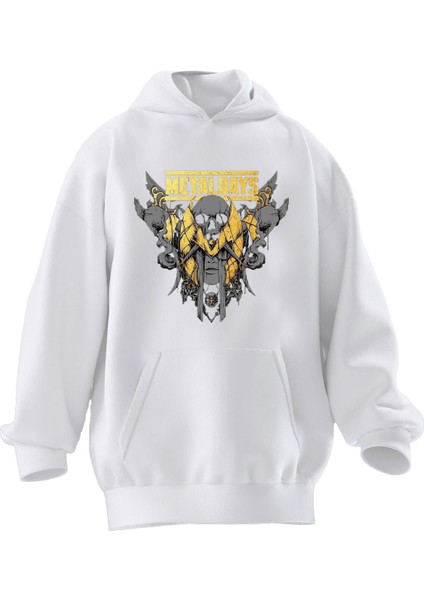 Unisex Premium Pamuk Beyaz Metal Days Baskılı 3 Iplik Kapüşonlu Sweatshirt