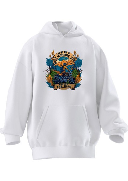 Unisex Premium Pamuk Beyaz Lifeıs Journey Baskılı 3 Iplik Kapüşonlu Sweatshirt