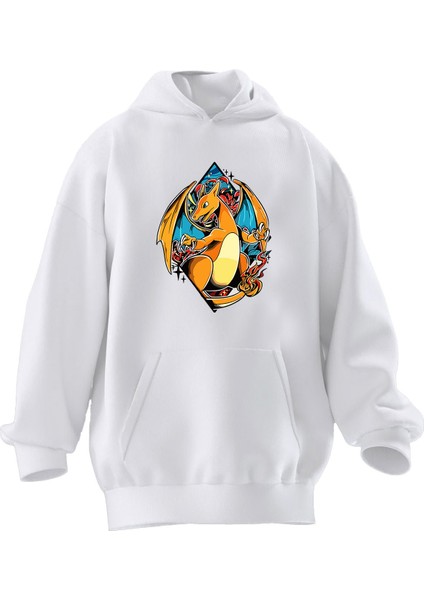 Unisex Premium Pamuk Beyaz Charizart Pokemon Baskılı 3 Iplik Kapüşonlu Sweatshirt