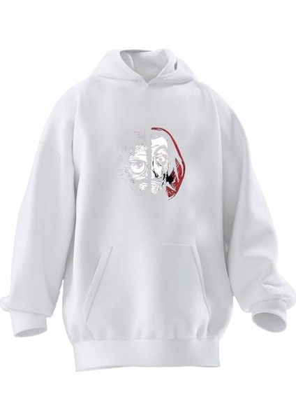 Unisex Premium Pamuk Beyaz La Casa Maske Baskılı 3 Iplik Kapüşonlu Sweatshirt
