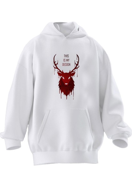 Unisex Premium Pamuk Beyaz This Is My Design Geyik Baskılı 3 Iplik Kapüşonlu Sweatshirt